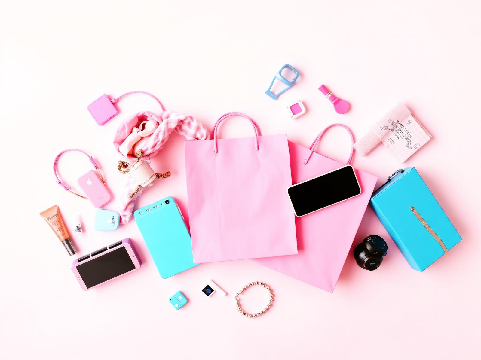 Shopping flat lay with pink bags, beauty products and tech finds